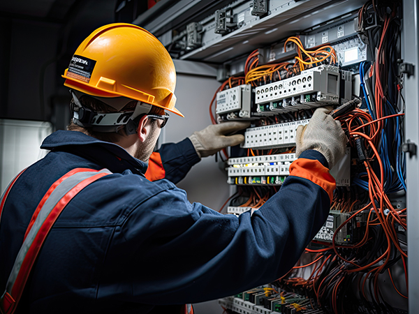 Electrical technician working in a switchboard. Electrician engineer checks electrical circuit in control panel for high current and voltage, starting relays for industrial production. Generative AI